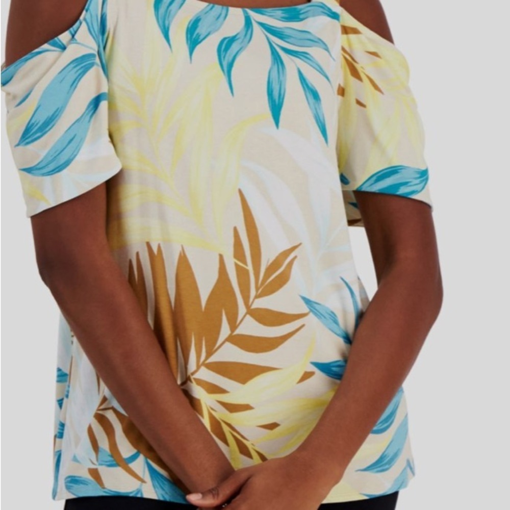 JM Collection Blue and Brown Cut Out Short Sleeve Blouse